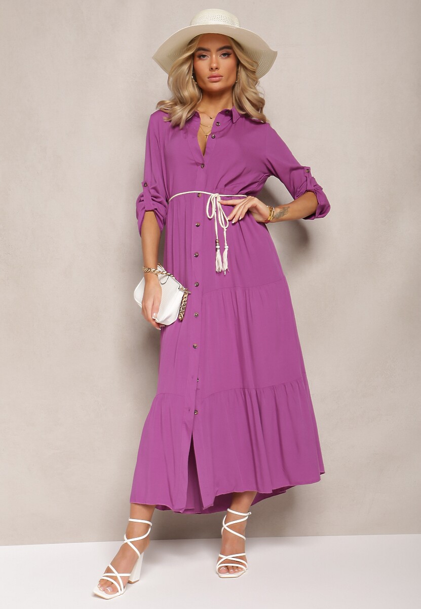 Ciemnozielona Koszulowa Sukienka Maxi z Bawełny Junira