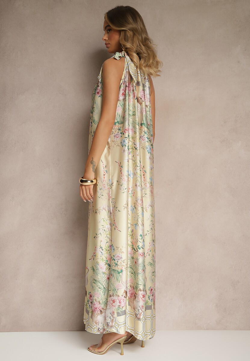 Żółta Sukienka z Satyny Zdobiona Kwiatowym Wzorem i Wiązaniem Fenalesa