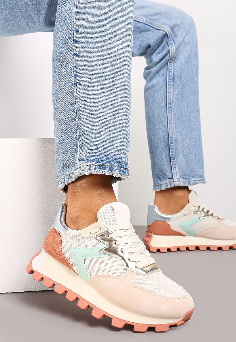 Brązowe Sneakersy na Grubej Podeszwie z Protektorem Ozdobione Wstawkami i Przeszyciami Anemil