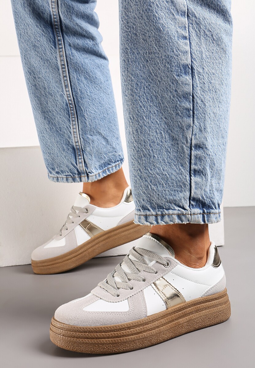 Szaro-Białe Sneakersy na Grubej Podeszwie z Ozdobnymi Przeszyciami Ysdole