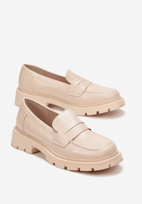 Beżowe Mokasyny z Ozdobnym Paskiem na Grubej Podeszwie Mauryla