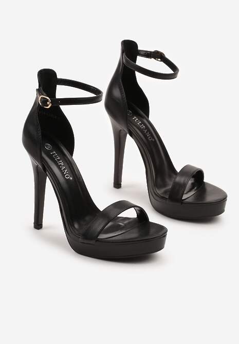 Czarne Sandały na Szpilce i Platformie z Paskiem Wokół Kostki Napelle