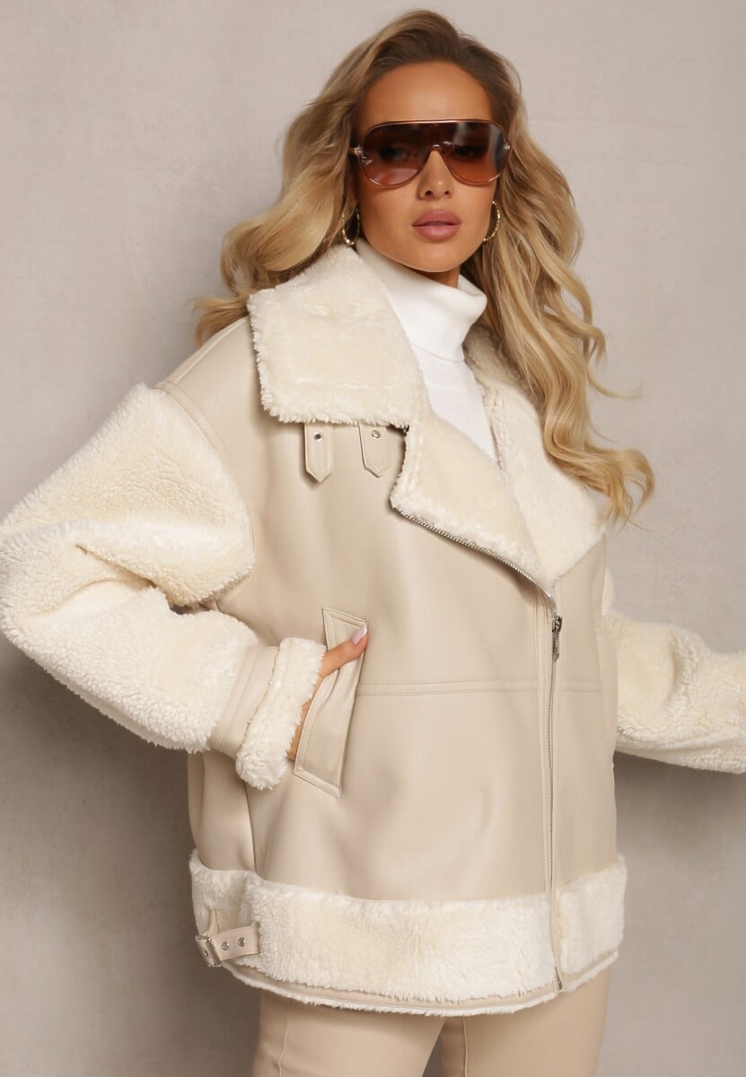 Czarno-Biała Kurtka Ramoneska z Futerkiem Mysteri