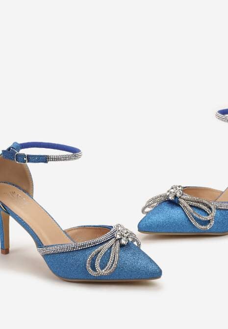 Niebieskie Szpilki z Ekoskóry na Szpilce Ozdobione Kokardą i Cyrkoniami Dovanda