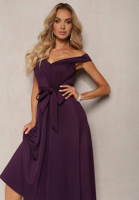 Ciemnofioletowa Sukienka Wieczorowa Hiszpanka z Materiałowym Paskiem Yellia