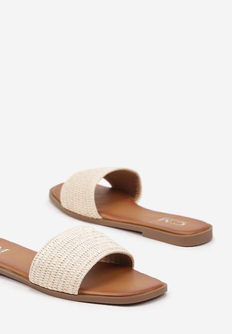 Beżowe Klapki z Kwadratowym Noskiem Zdobione Plecionką Delanitha