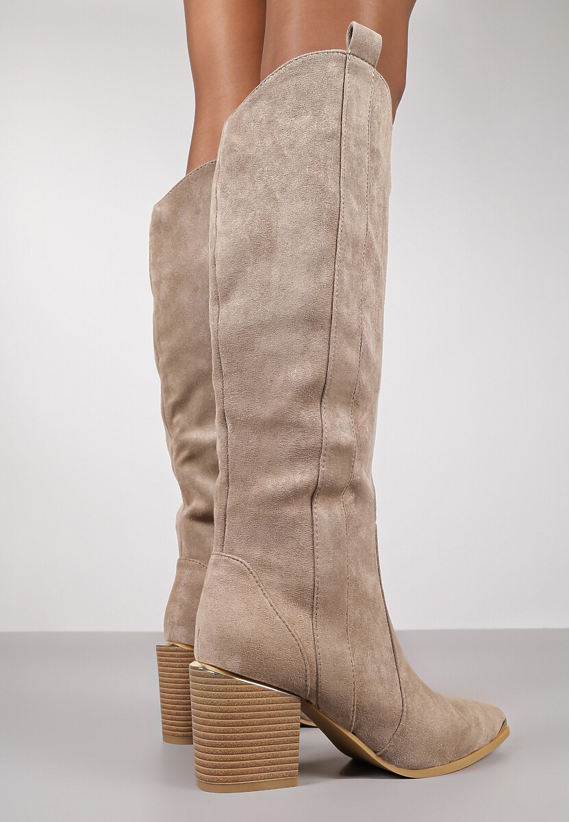 Ciemnobeżowe Kozaki Kowbojki przed Kolano z Metalicznym Noskiem Caspianna