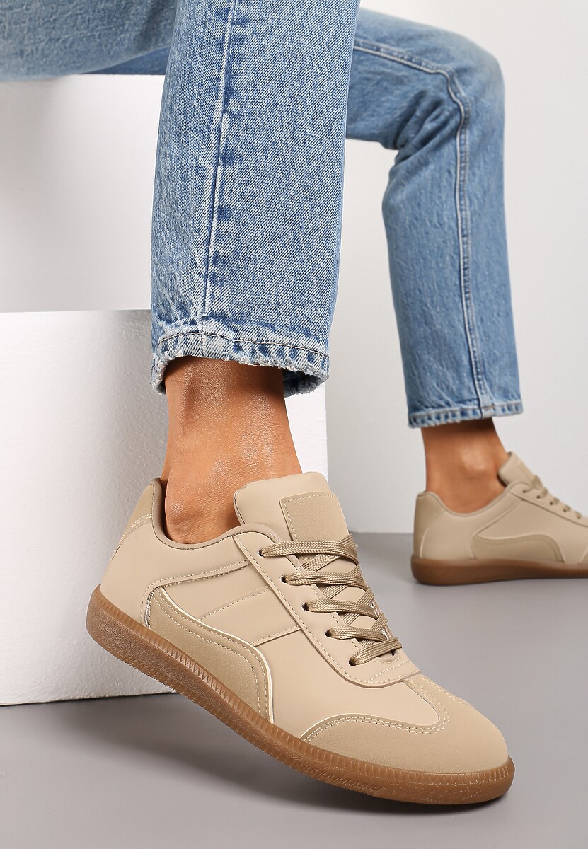 Ciemnobeżowe Sneakersy z Ozdobnymi Przeszyciami przed Kostkę Redala
