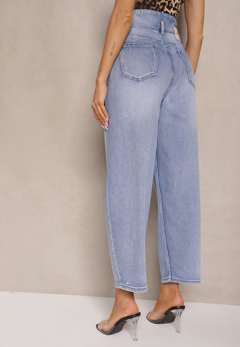 Niebieskie Jeansy Mom Fit High Waist Zapinane na Guziki Zeloiti