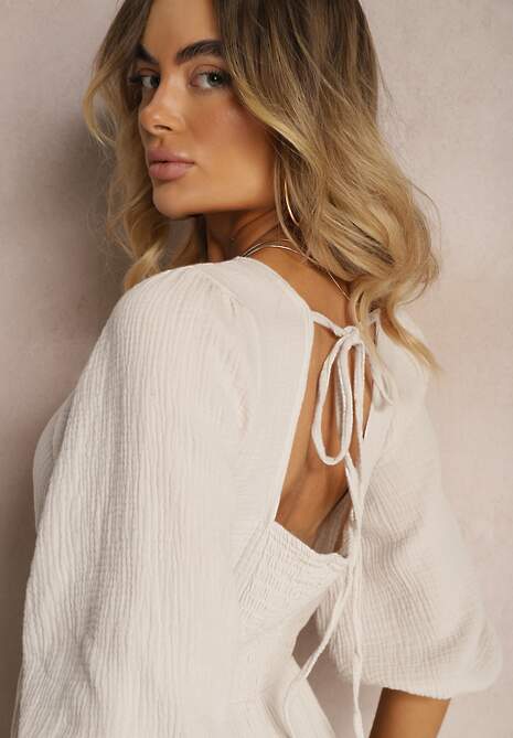 Beżowa Sukienka z Bawełny Ozdobiona Wiązaniem i Gumką w Pasie Wlarina