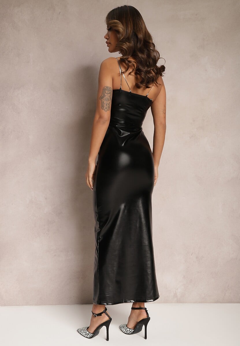 Czarna Taliowana Sukienka Maxi z Imitacji Skóry Bez Ramiączek Vertena