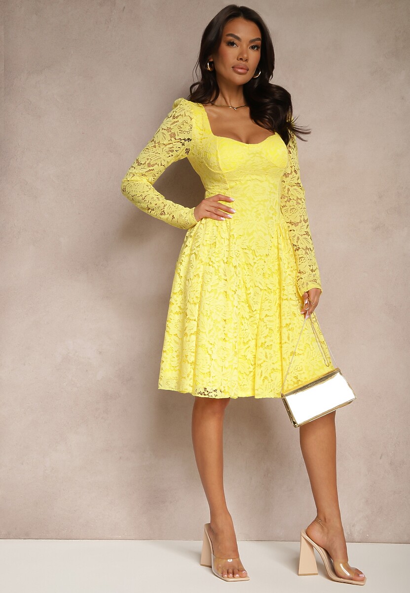 Żółta Taliowana Sukienka z Koronki z Rozkloszowanym Dołem Teladriela