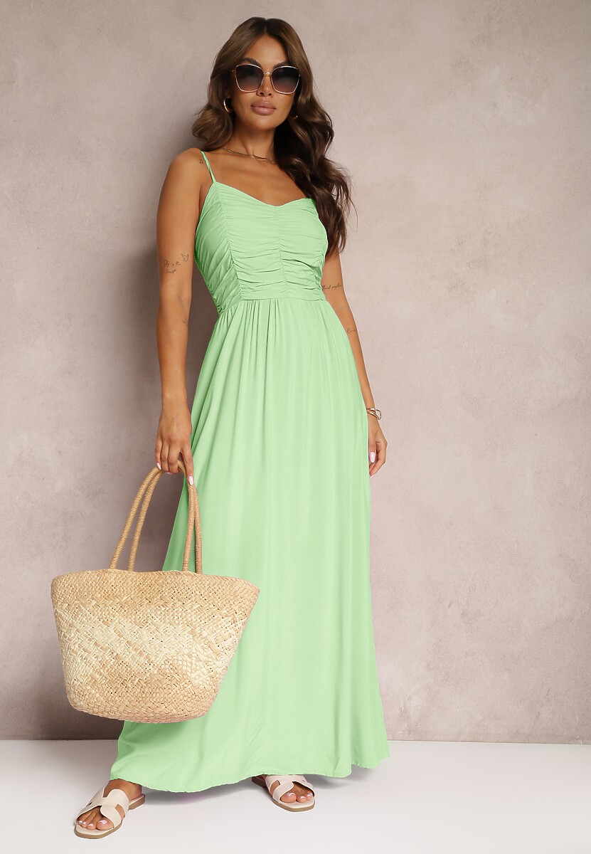Jasnozielona Taliowana Sukienka z Wiskozy o Rozkloszowanym Kroju na Ramiączkach z Regulacją Donelsea