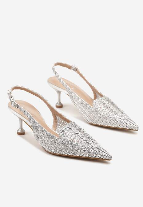 Srebrne Sandały na Szpilce z Geometrycznym Zdobieniem Typu Slingback Nevonira