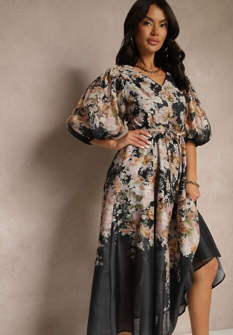 Czarna Rozkloszowana Sukienka z Wiskozy w Kwiatowy Wzór z Wiązaniem Redilina