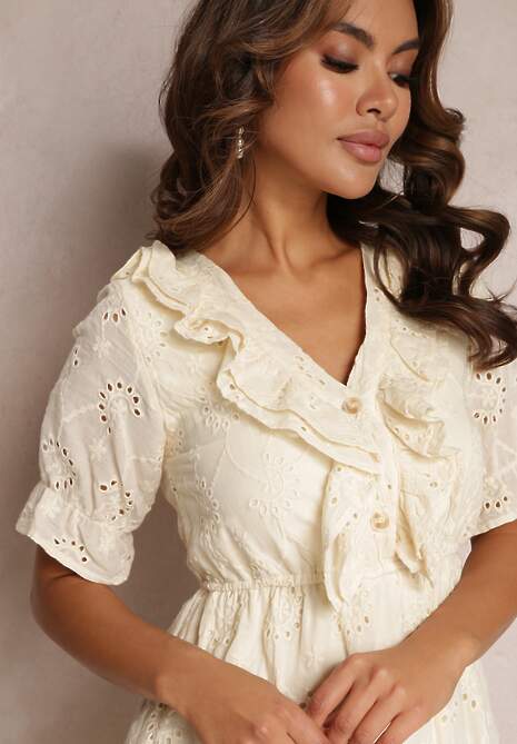 Beżowa Ażurowa Sukienka Mini z Gumką w Taliii Falbankami Rakki