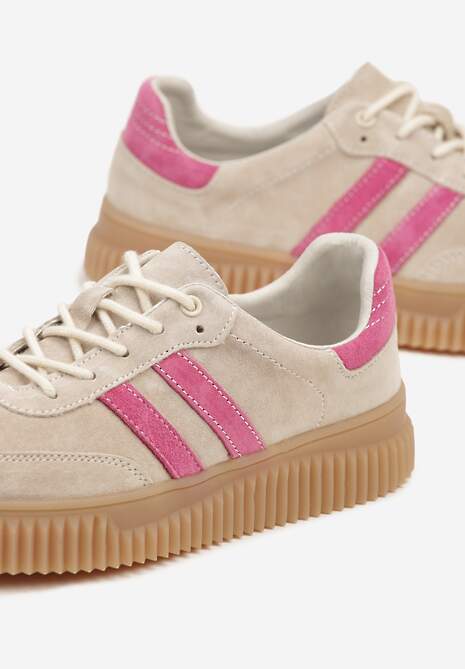 Beżowo-Fuksjowe Zamszowe Sneakersy w Stylu Kultowych Tenisówek ze Skórzaną Wkładką Tenannia