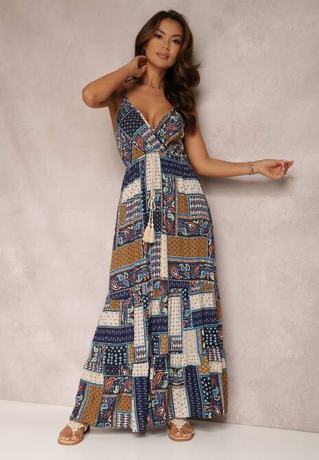 Granatowa Wiskozowa Sukienka o Kopertowym Kroju w Print Patchwork Grehan