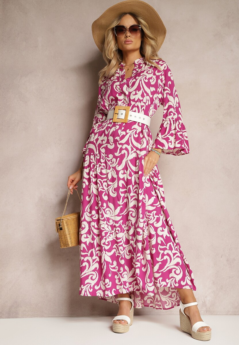 Fioletowa Rozkloszowana Sukienka z Wiskozy w Ornamentalny Wzór Irlilena