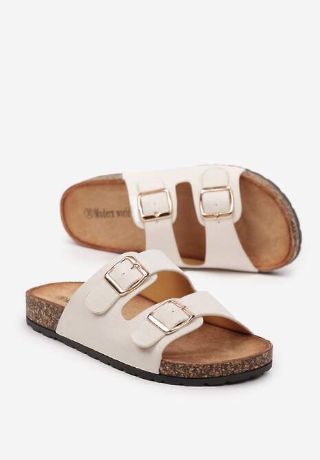 Beżowe Klapki z Dwiema Sprzączkami na Korkowej Podeszwie Alathena