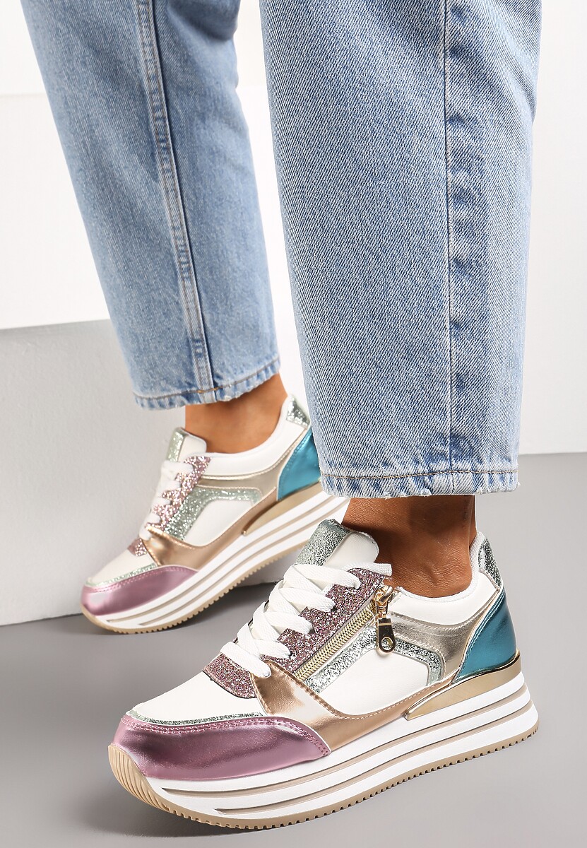 Czarne Sneakersy z Metalicznymi Wstawkami i Brokatem na Grubej Podeszwie Anova