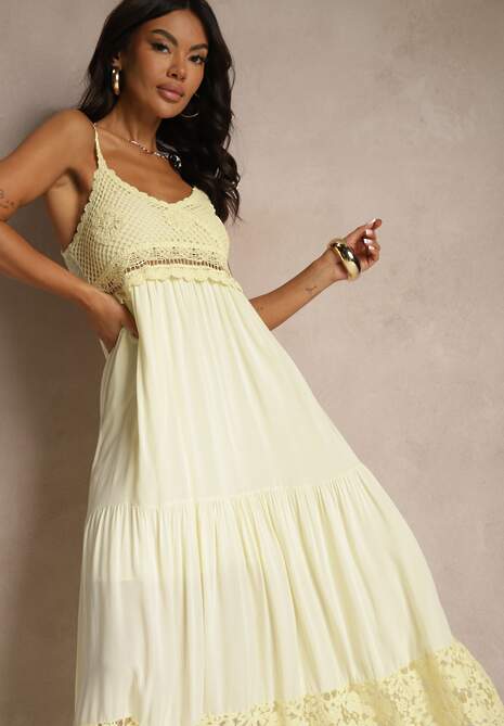 Żółta Rozkloszowana Sukienka z Wiskozy i Bawełny z Koronką na Cienkich Ramiączkach Filaniela