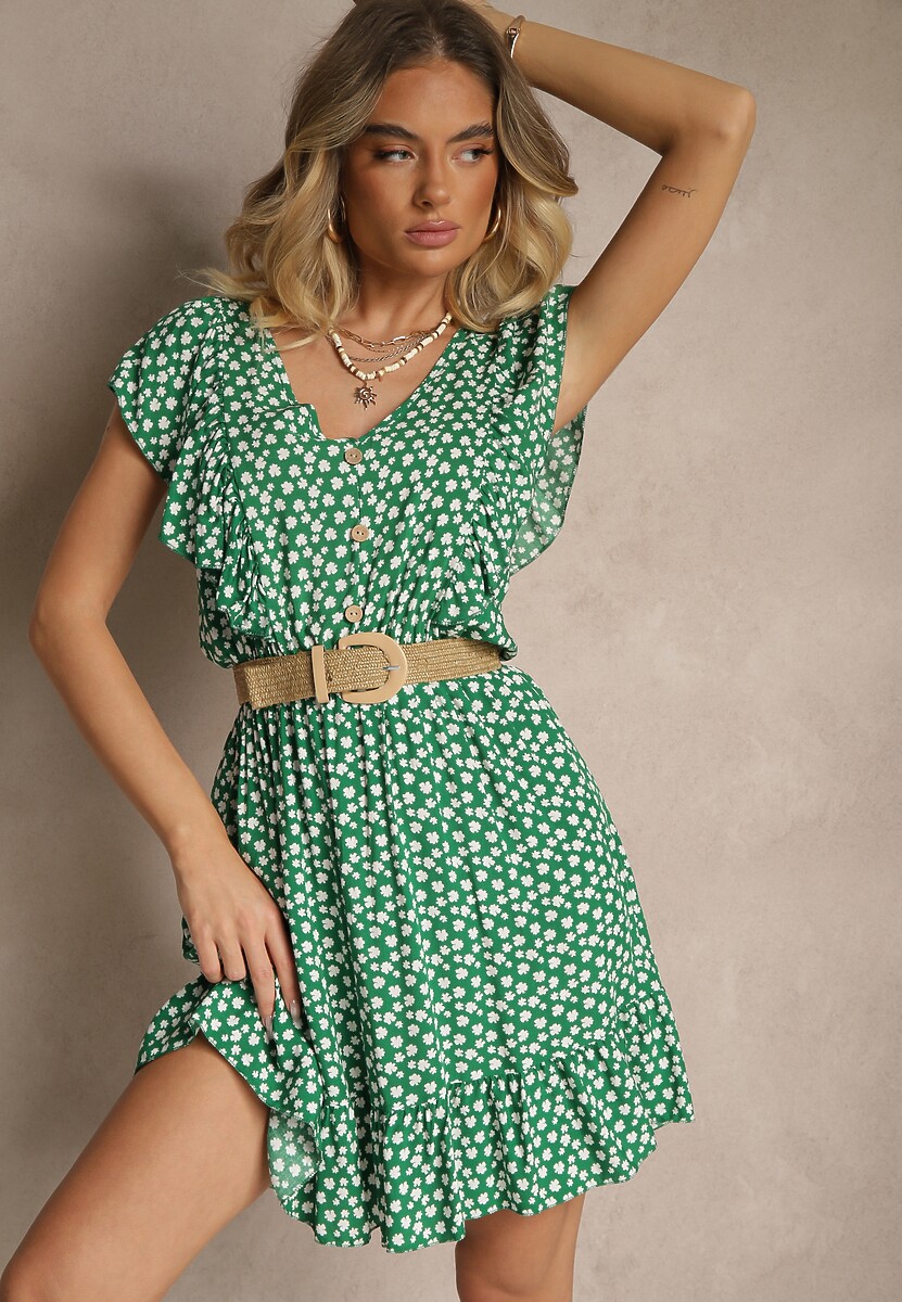Zielona Bawełniana Sukienka o Rozkloszowanym Kroju z Guzikami w Kwiatowy Wzór Roniva