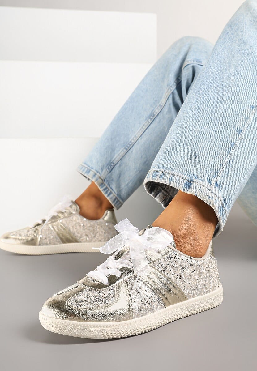 Złote Cekinowe Sneakersy z Wkładką ze Skóry Naturalnej Polwia