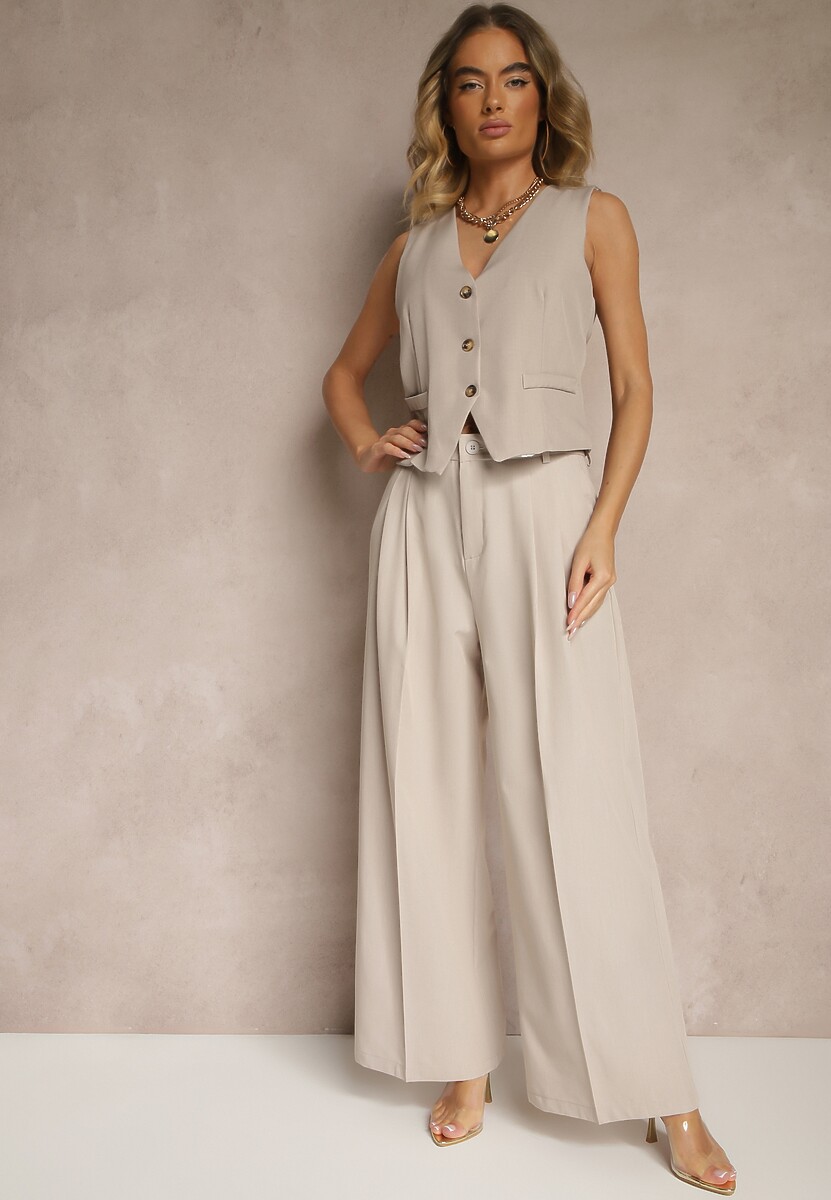 Jasnobeżowe Garniturowe Spodnie z Wiskozą o Szerokim Kroju z Zakładkami Galaniel