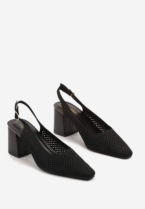 Czarne Sandały na Słupku Typu Slingback z Ażurową Cholewką Morivira
