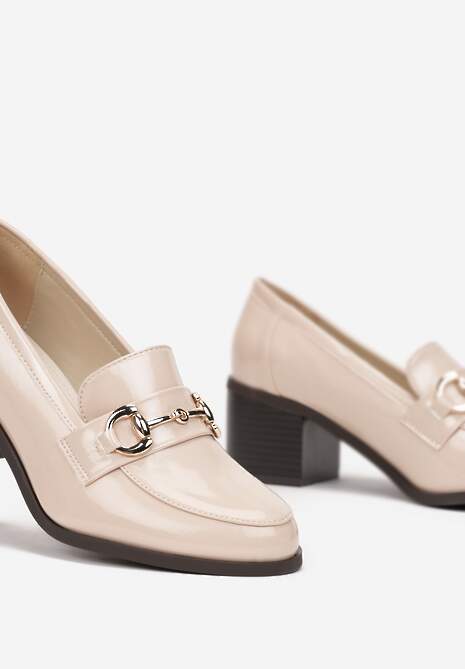 Beżowe Lakierowane Mokasyny na Słupku z Klamerką Einasa