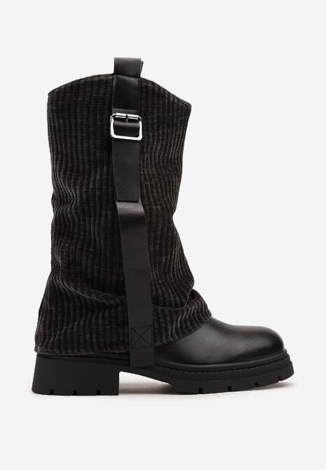 Czarne Botki z Wywiniętą Cholewką Sztruksową i Paskiem z Klamrą Zalorra