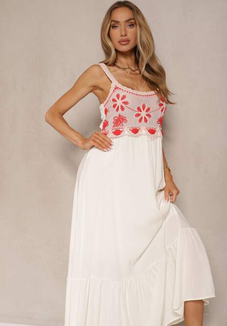 Beżowa Sukienka z Wiskozy Ozdobiona Haftem Rinastra