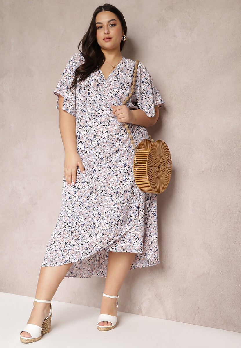 Jasnofioletowa Sukienka o Kopertowym Kroju Midi w Kwiatowy Wzór Kirpa