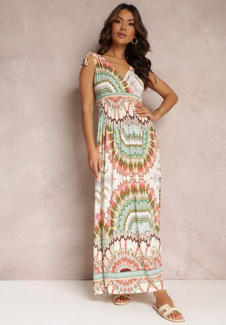 Zielona Sukienka z Wiskozy ze Wzorem Tie Dye z Gumką w Talii Brisea