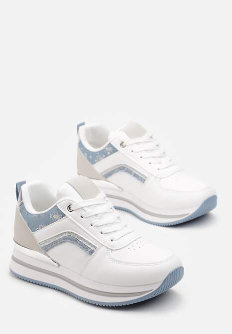 Biało-Niebieskie Sneakersy z Ekoskóry z Brokatowymi Wstawkami i Sznurowaniem Jelise