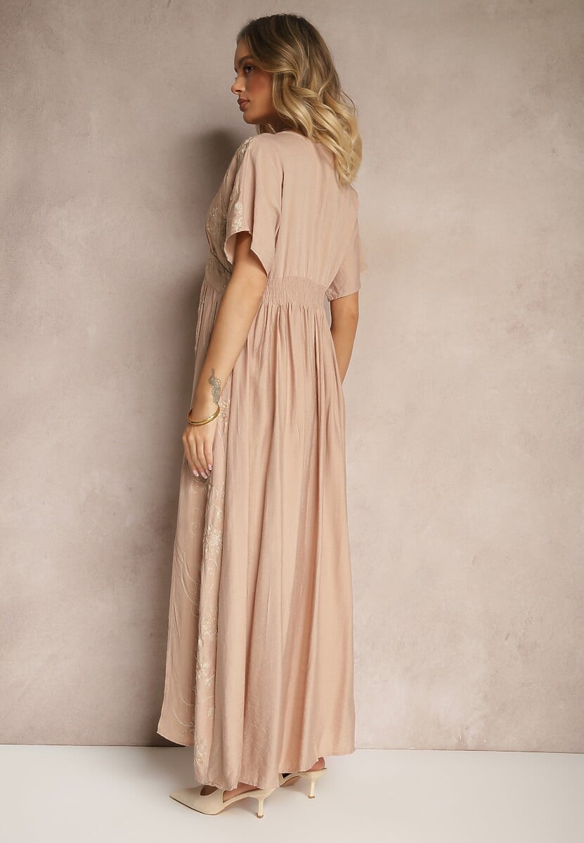 Beżowa Sukienka z Wiskozy Ozdobiona Haftem i Metaliczną Nicią Ivelvesa