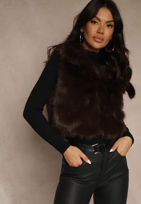 Brązowa Futerkowa Kamizelka z Kołnierzem i Kieszeniami Nenessa