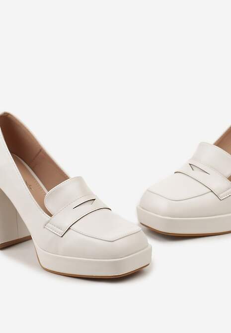 Białe Czółenka z Noskiem w Kwadrat na Słupku i Platformie z Ozdobnym Wycięciem Drizona