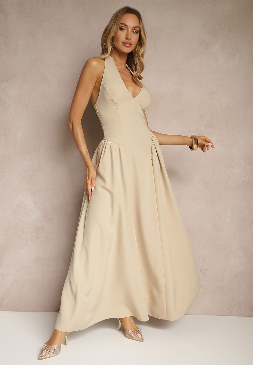 Beżowa Rozkloszowana Sukienka Halter z Wiązaniem i Odkrytymi Plecami Senicce