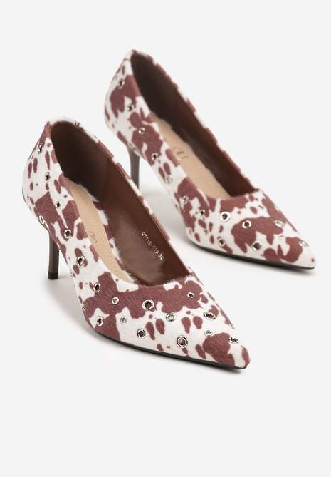 Brązowe Czółenka na Szpilce Vices w Krowie Łaty Ozdobione Nitami z Wkładką ze Skóry Naturalnej Rilinessa