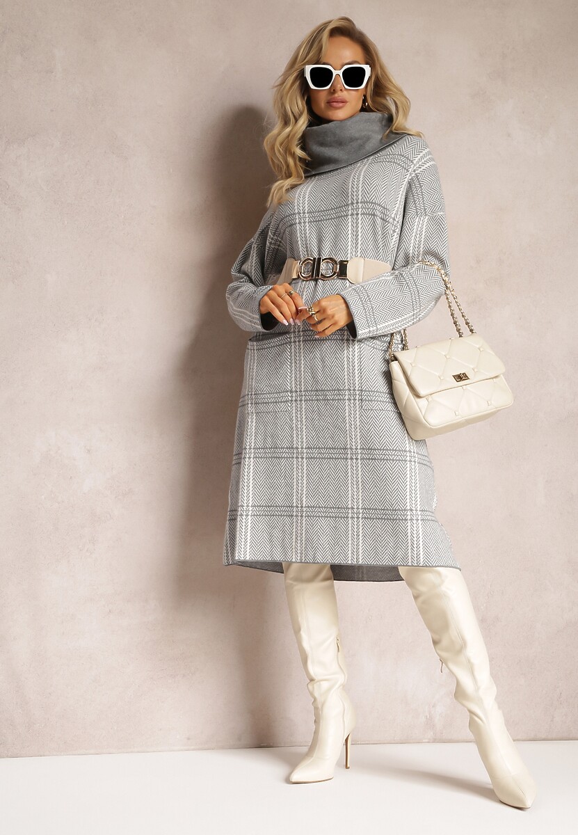 Szara Sweterkowa Sukienka Oversize z Szerokim Golfem Arnca