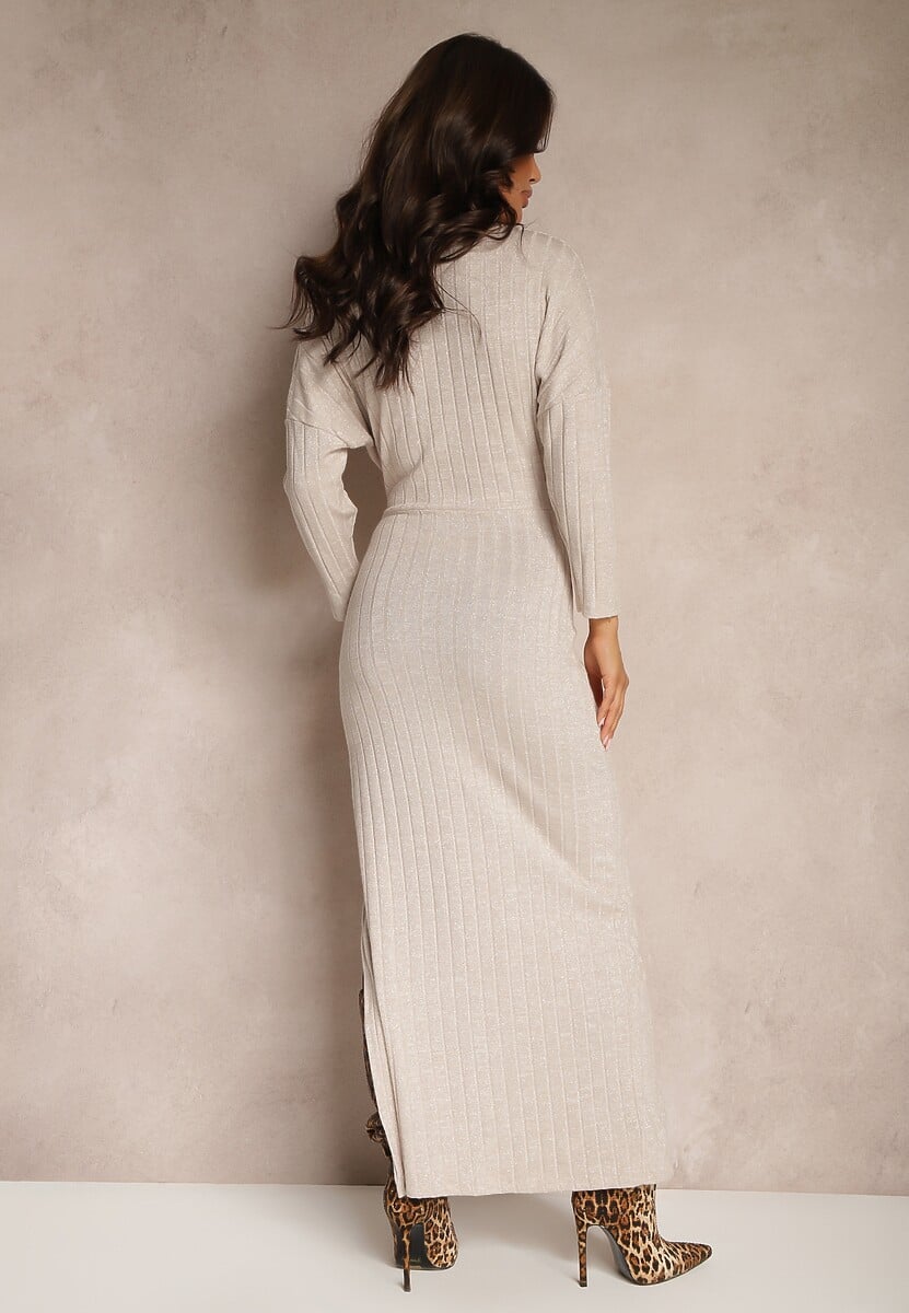 Beżowa Sukienka z Wiskozą Metaliczną Nicią i Asymetrycznym Węzłem Elloritia