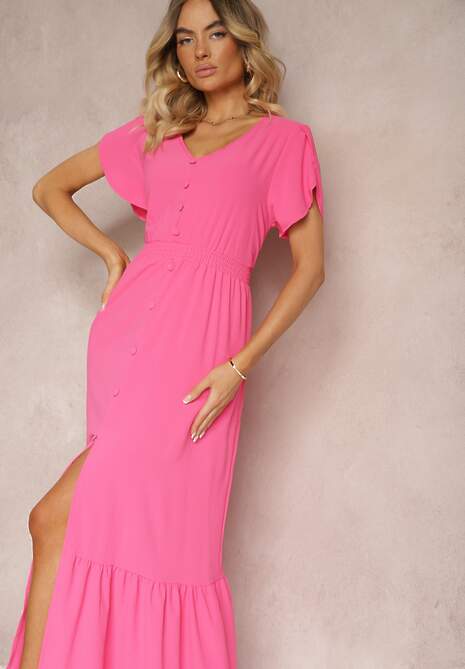 Fuksjowa Rozkloszowana Sukienka z Gumkami w Talii z Guzikami i Rozcięciem Gafia