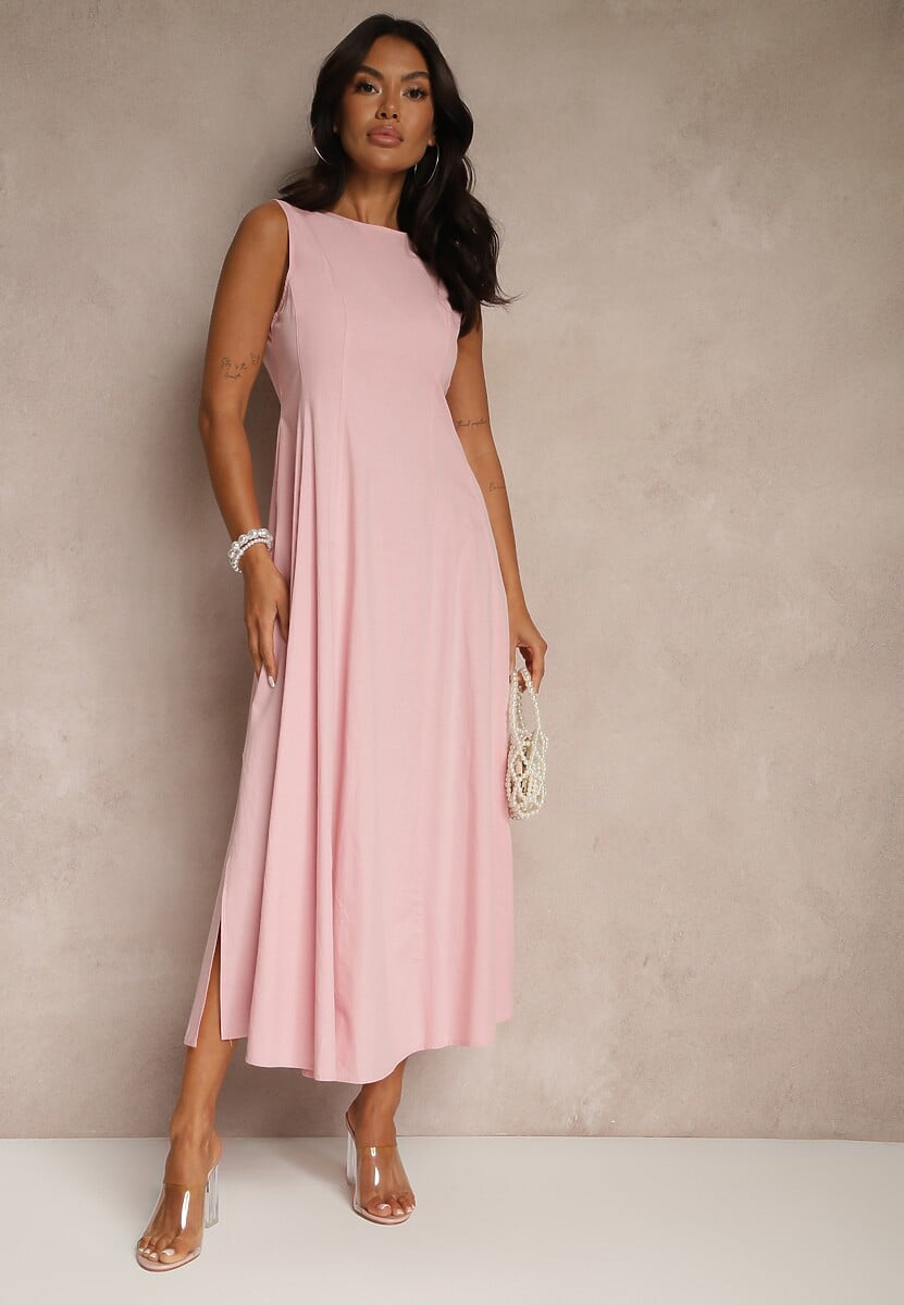 Niebieska Sukienka Rozkloszowana z Wiskozą Bawełną i Rozcięciem na Nogę Saravisse