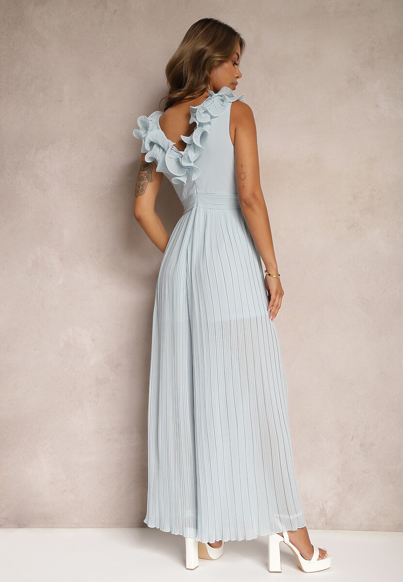 Niebieski Taliowany Koktajlowy Kombinezon z Szerokimi Nogawkami Ozdobiony Falbanami Gealfrea