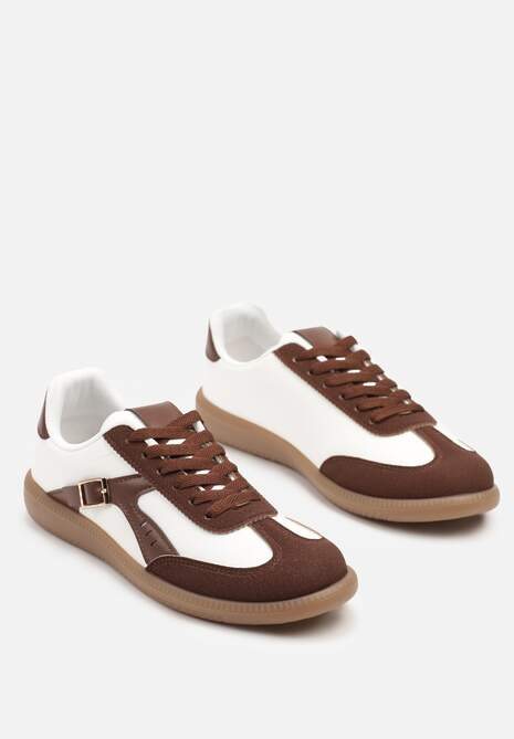 Brązowo-Białe Sneakersy Klasyczne Tenisówki Zdobione Klamerką Senaniela