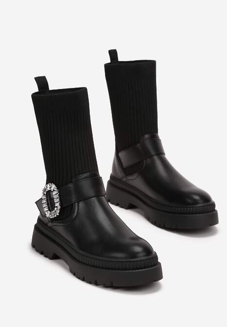 Czarne Botki Workery z Dzianinową Elastyczną Cholewką i Biżuteryjną Klamrą Nalipno