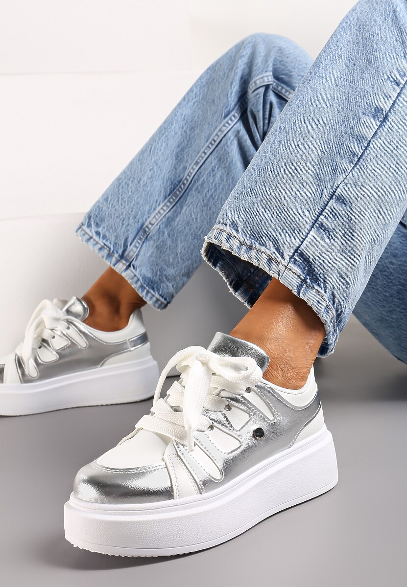 Biało-Srebrne Sneakersy na Grubej Podeszwie przed Kostkę Alisis
