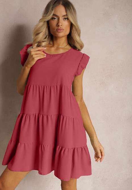 Ciemnoróżowa Sukienka z Krótkim Rękawem i Ozdobnymi Falbankami o Rozkloszowanym Kroju Vetesa